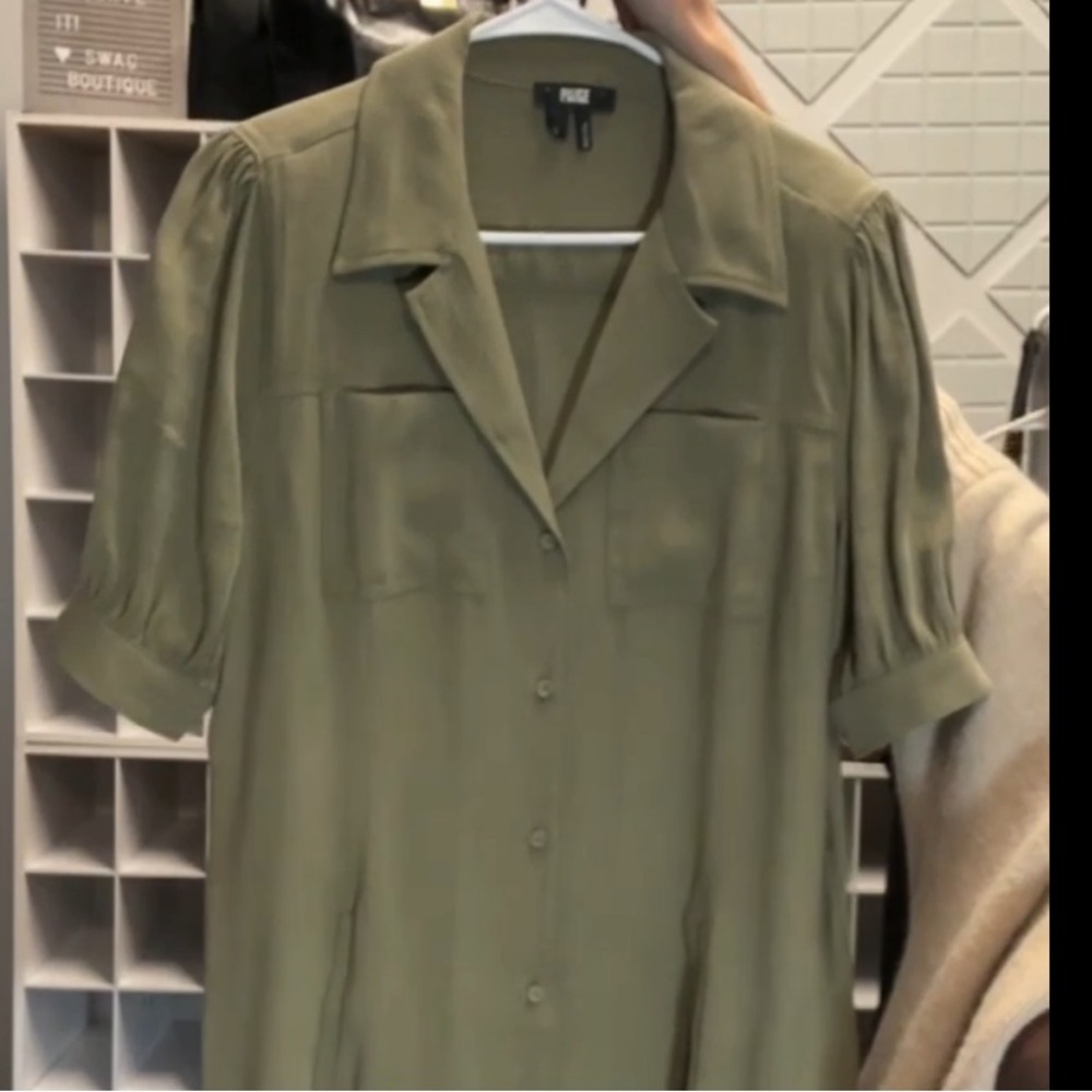 PAIGE Olive Green Ruffle Hem Earthy collared Dress Utility Minimalist Large - Picture 10 of 10
